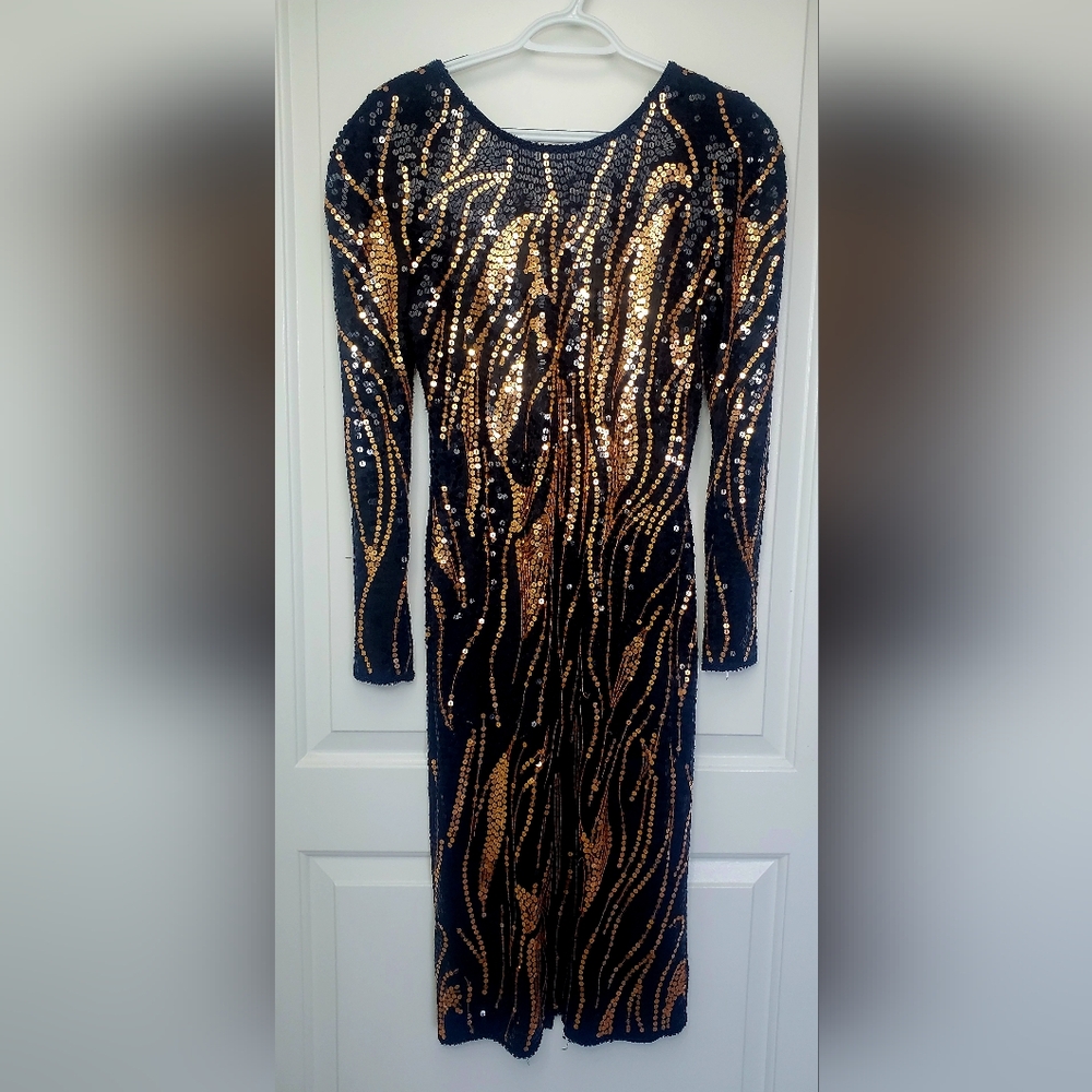 1990 Vintage Oleg Cassini inspired Black Gold Sequin Open Back Dress SIze 8 10 M